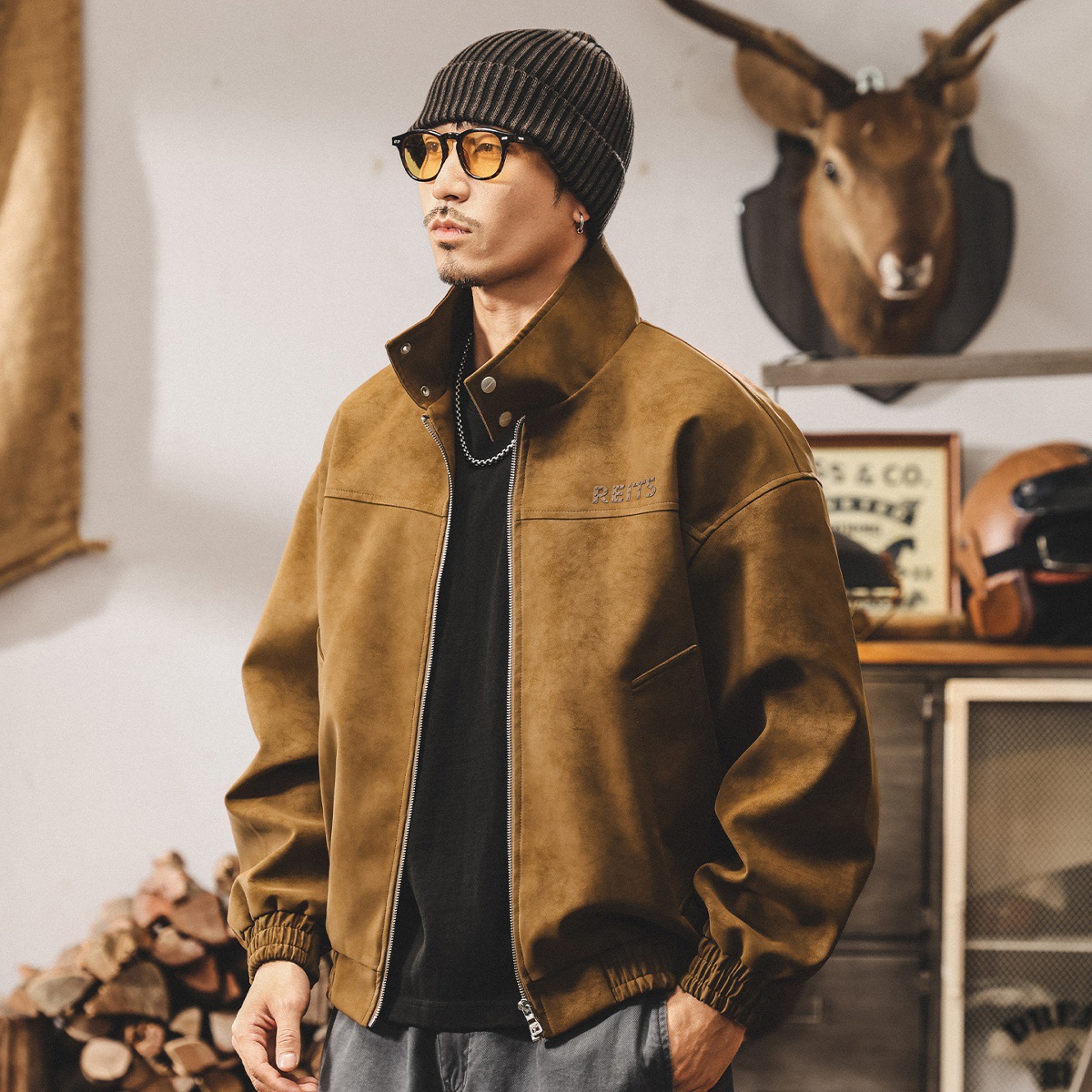 美式復古扎染立領機車皮衣外套男春秋新款痞帥潮流飛行員教練夾克