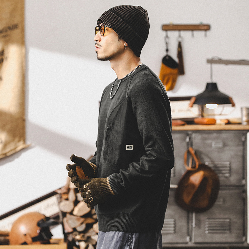 美式重磅復古毛衣男秋冬款加厚口袋設計款潮牌寬鬆大碼男士針織衫