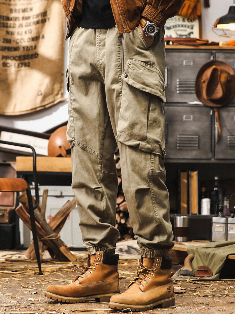 美式復古卡其色工裝褲子男秋季潮牌城市戶外通勤寬鬆大口袋休閒褲