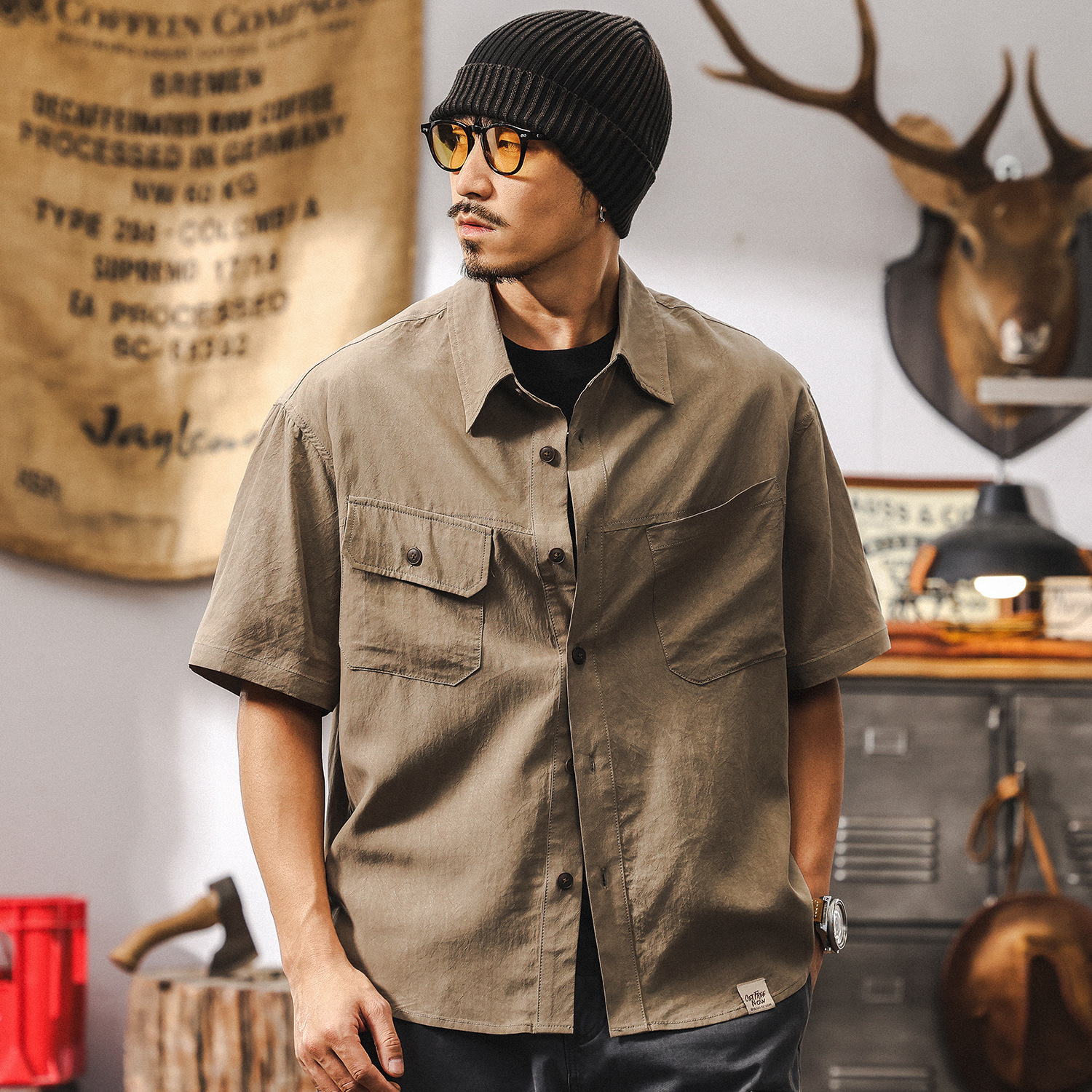 萊賽爾垂感抗皺襯衫男短袖夏季2025新款美式復古寬鬆工裝襯衣