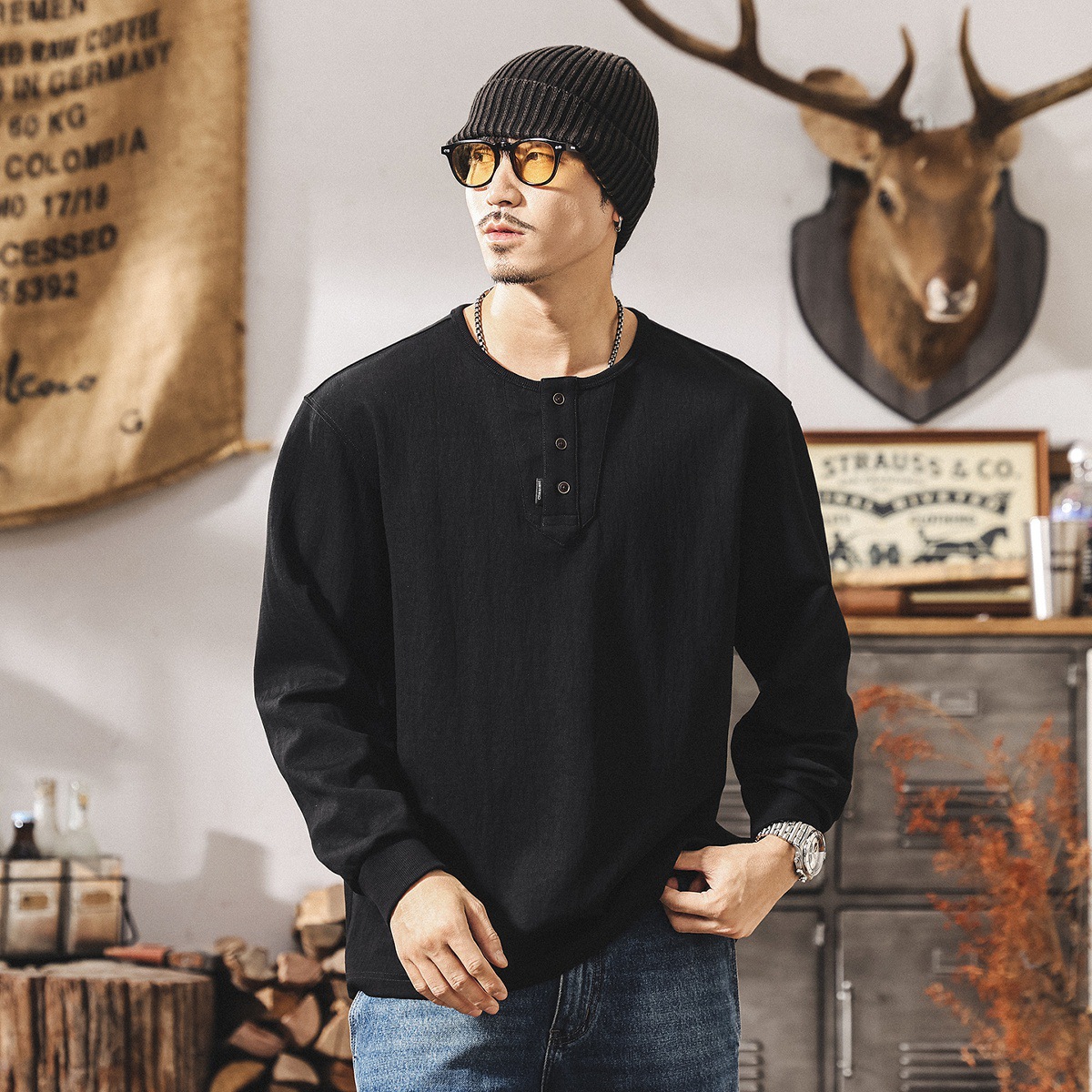 美式復古重磅T恤男長袖春秋款寬鬆圓領衛衣潮牌硬漢亨利領polo衫