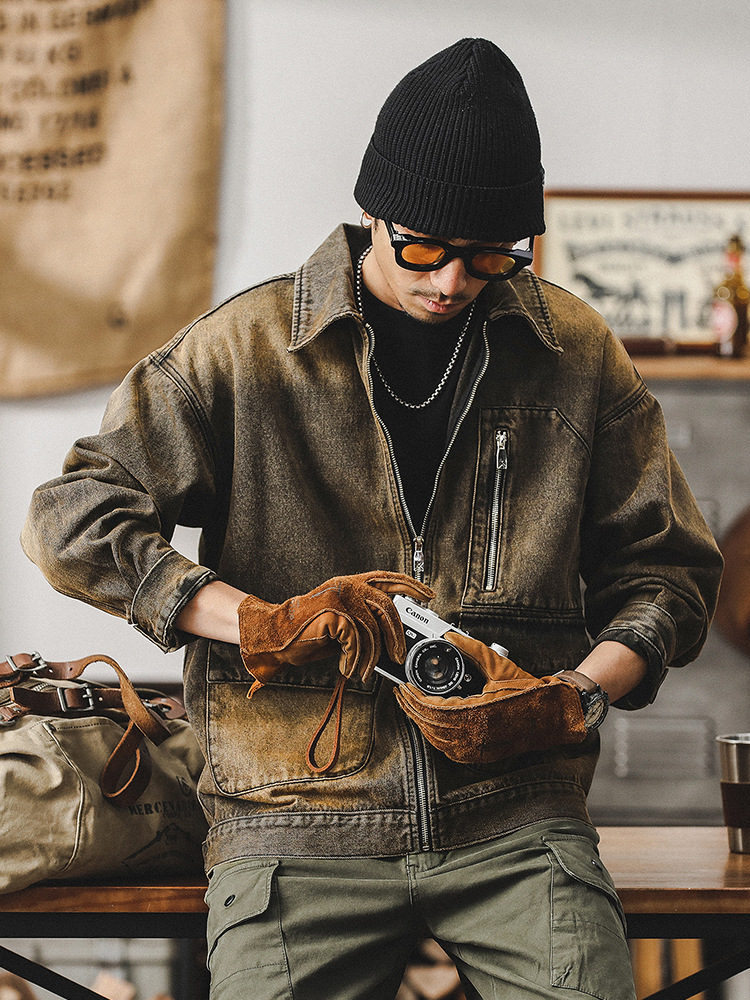 未來賽博朋克廢土風牛仔外套男春秋潮牌痞帥鐵鏽水洗機能工裝夾克