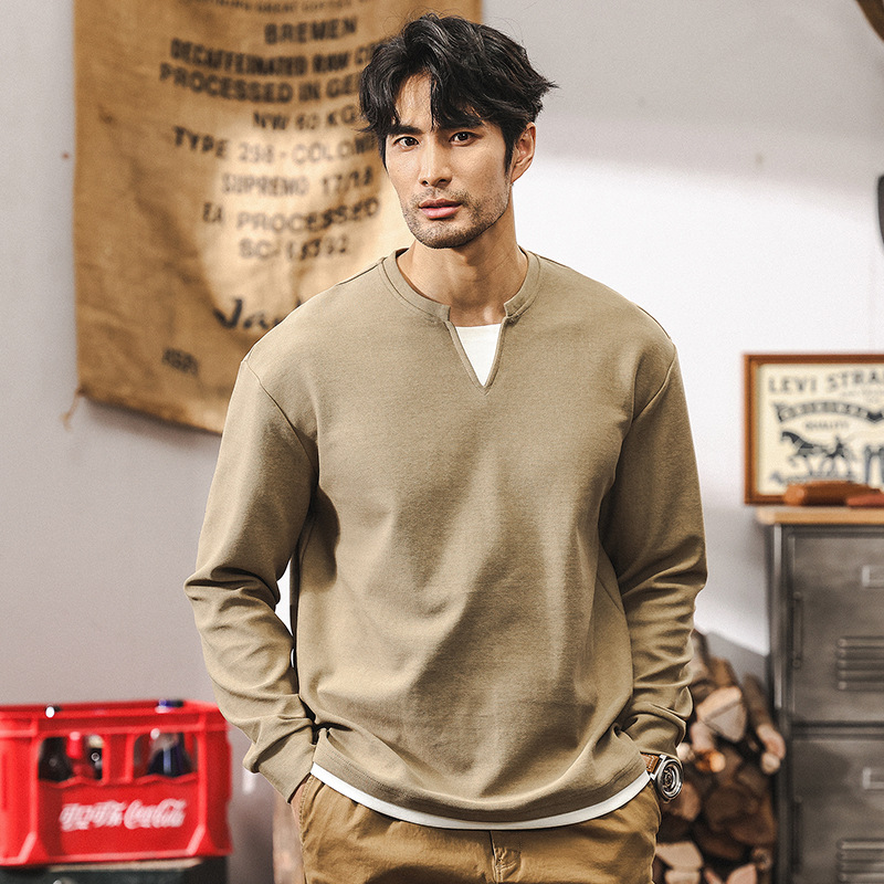 美式復古360g重磅長袖T恤男秋季新款潮牌雙層V領假兩件寬鬆上衣男