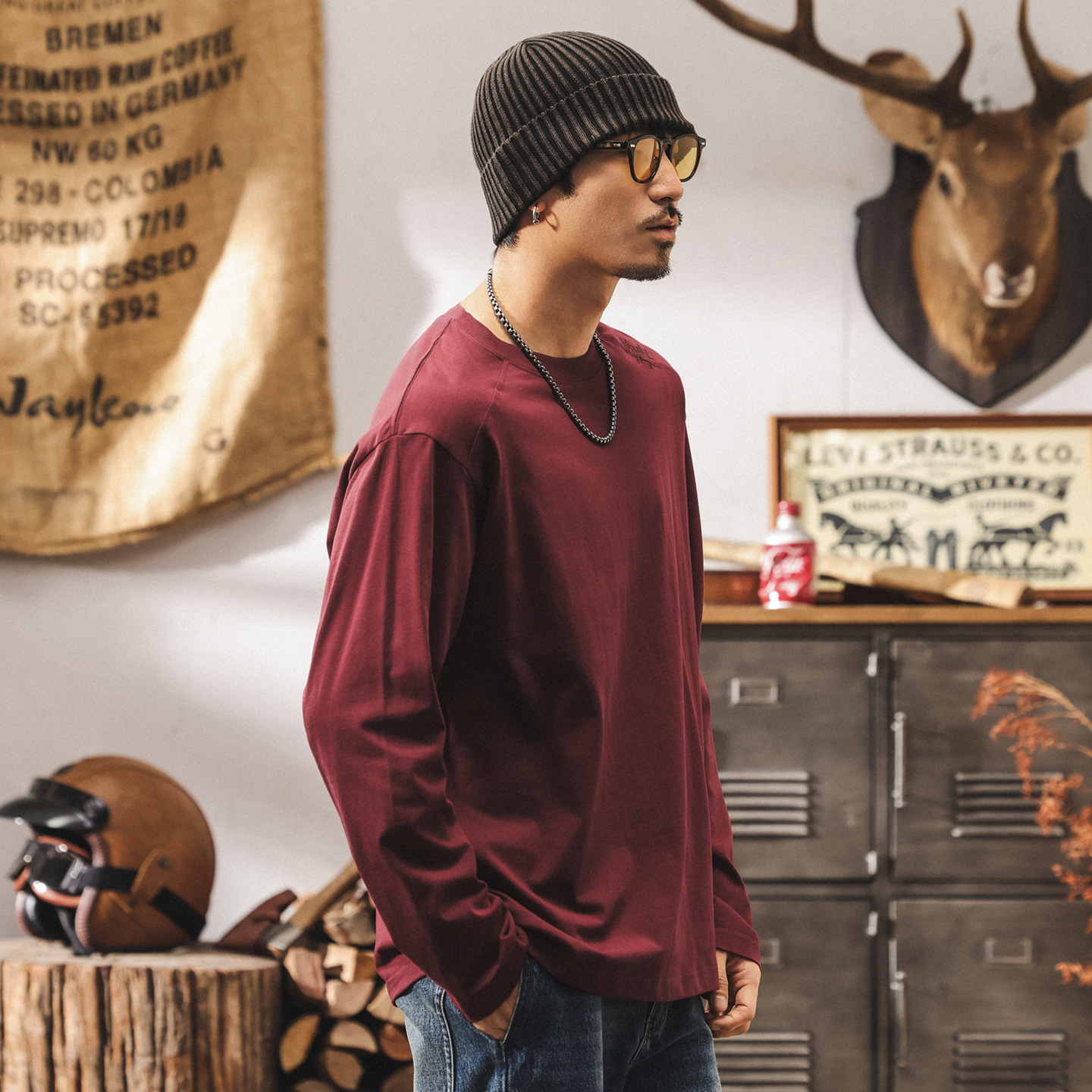 美式復古230g重磅t恤男長袖秋季新款簡約寬鬆休閒棗紅色男裝上衣T