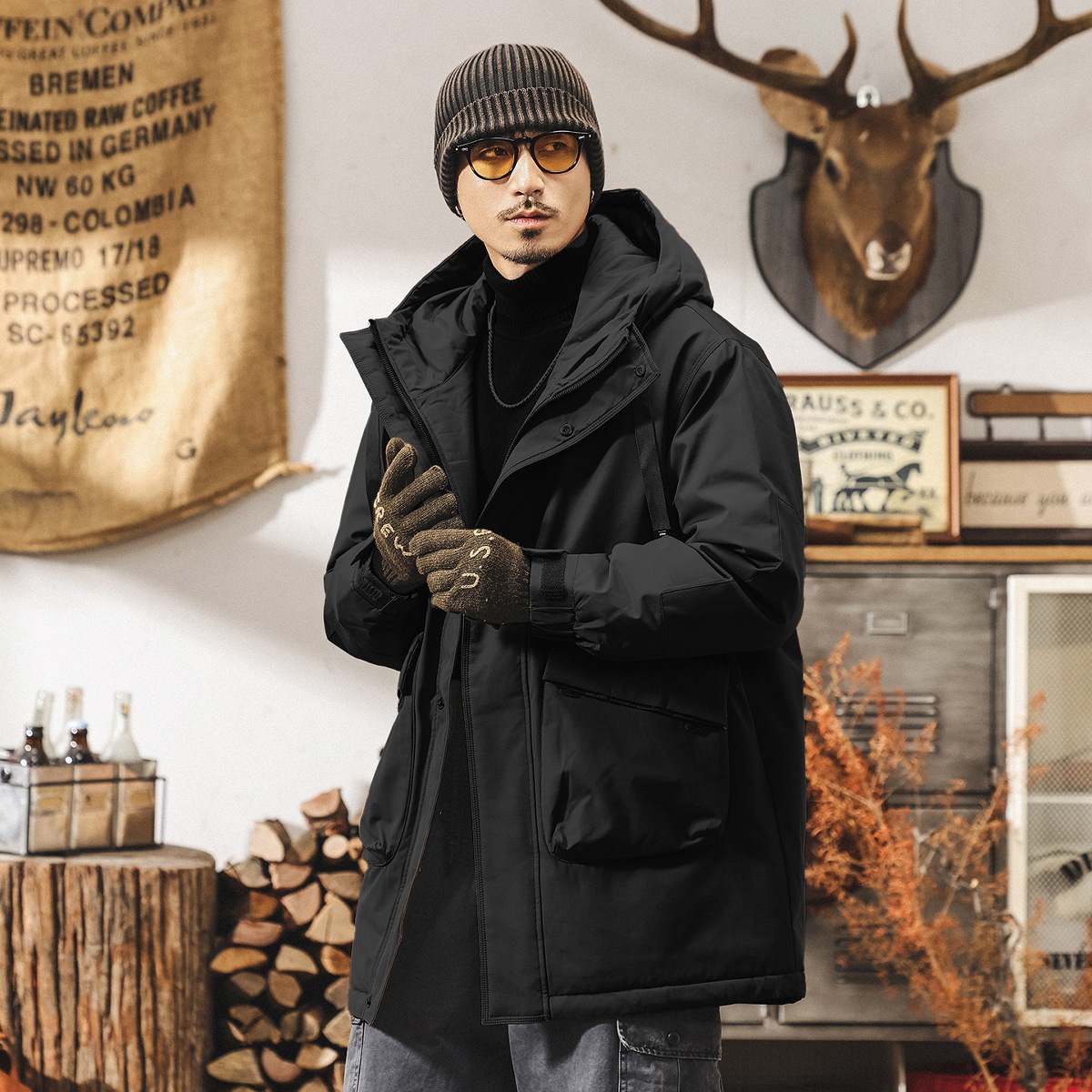 美式復古90%純白鴨絨工裝羽絨服男中長款冬季加厚抗寒保暖外套男