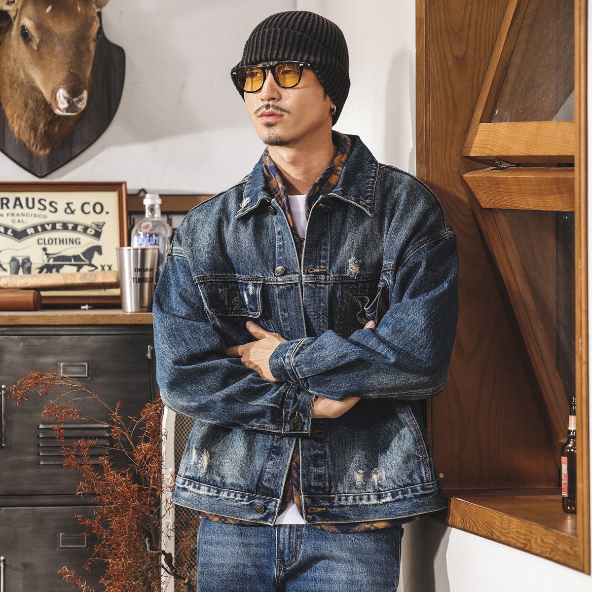 美式復古戰損破洞牛仔外套男春秋潮牌2025新款潮流帥氣工裝夾克男