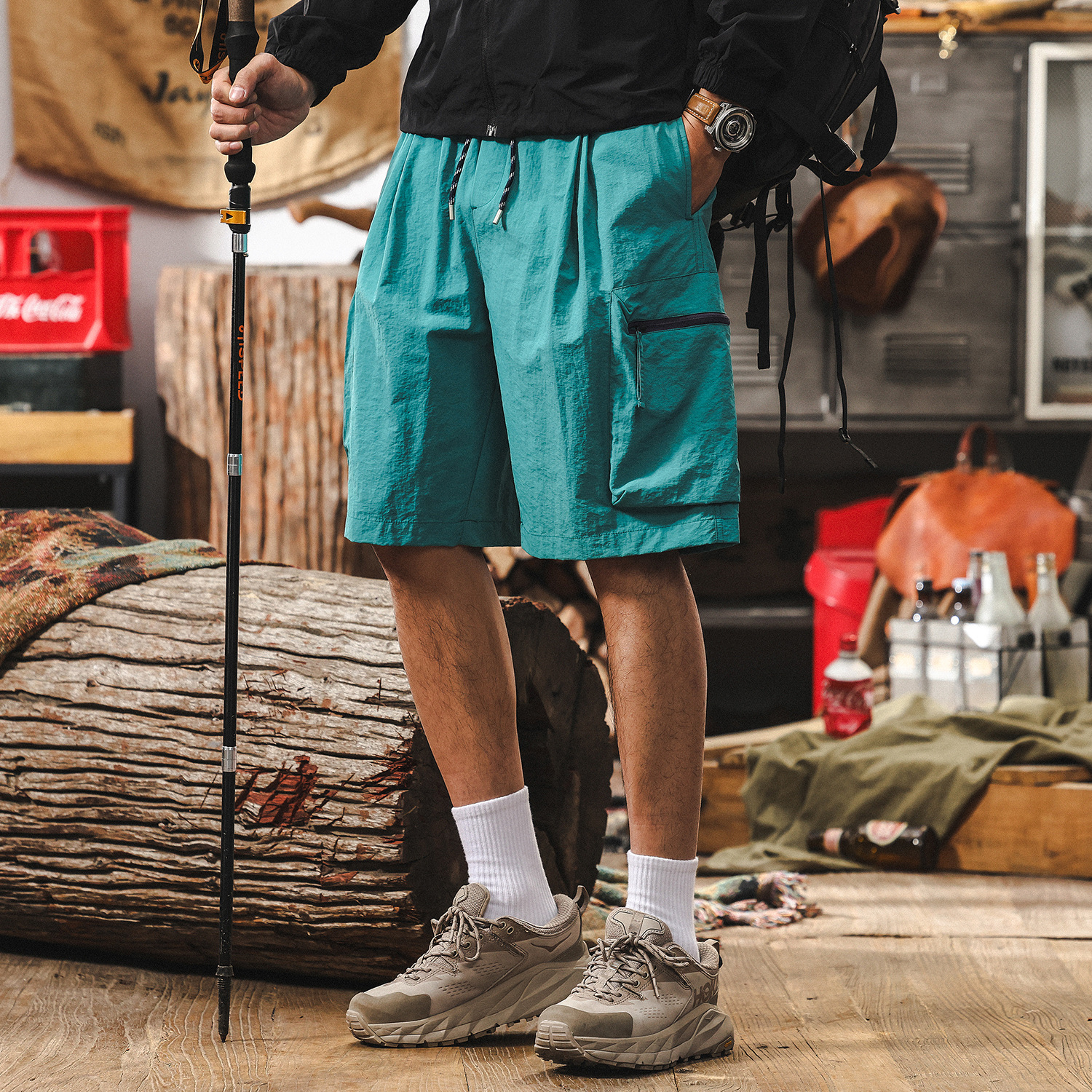 涼感冰絲工裝短褲男夏季薄款美式復古戶外防水速幹寬鬆大碼五分褲