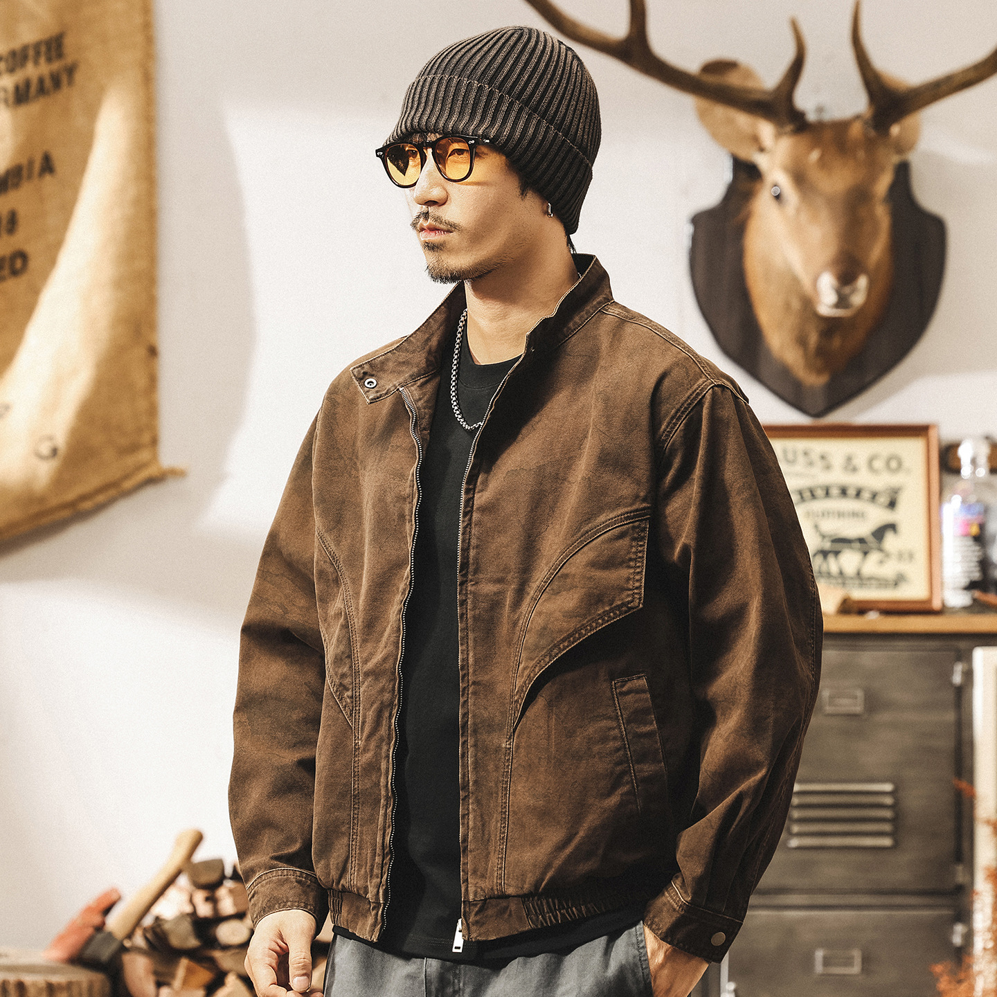 美拉德復古工裝外套男秋春新款飛片結構髒染做舊寬鬆美式機車夾克