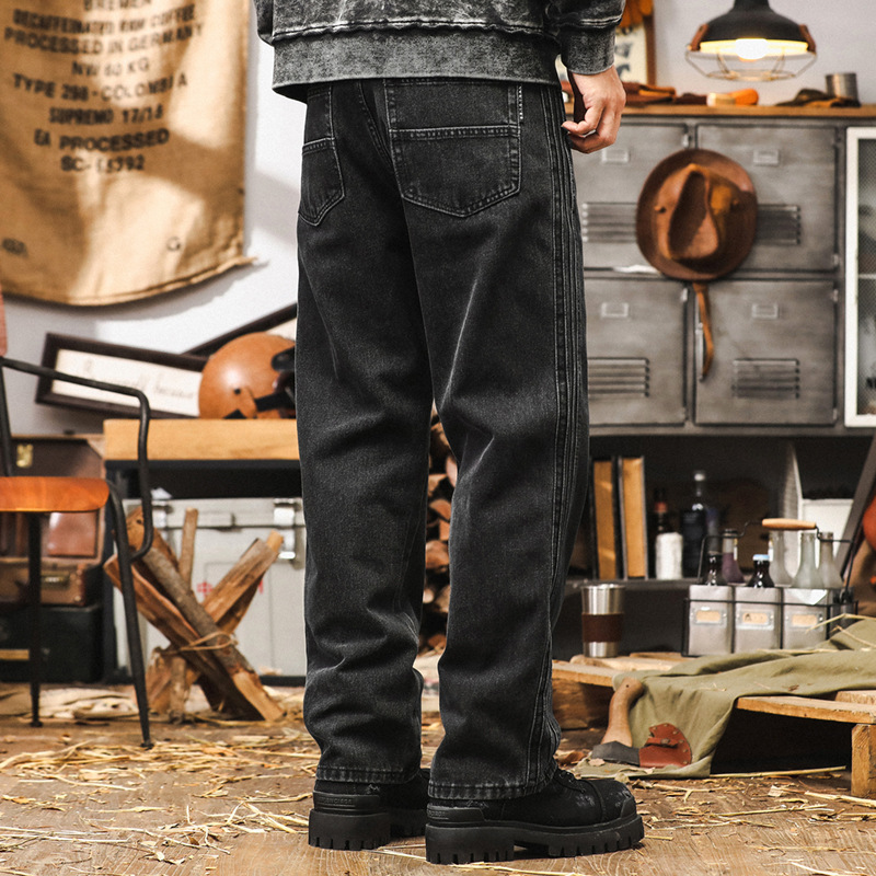 美式復古高級感重磅黑色牛仔褲男秋季潮牌寬鬆直筒褲子男休閒長褲