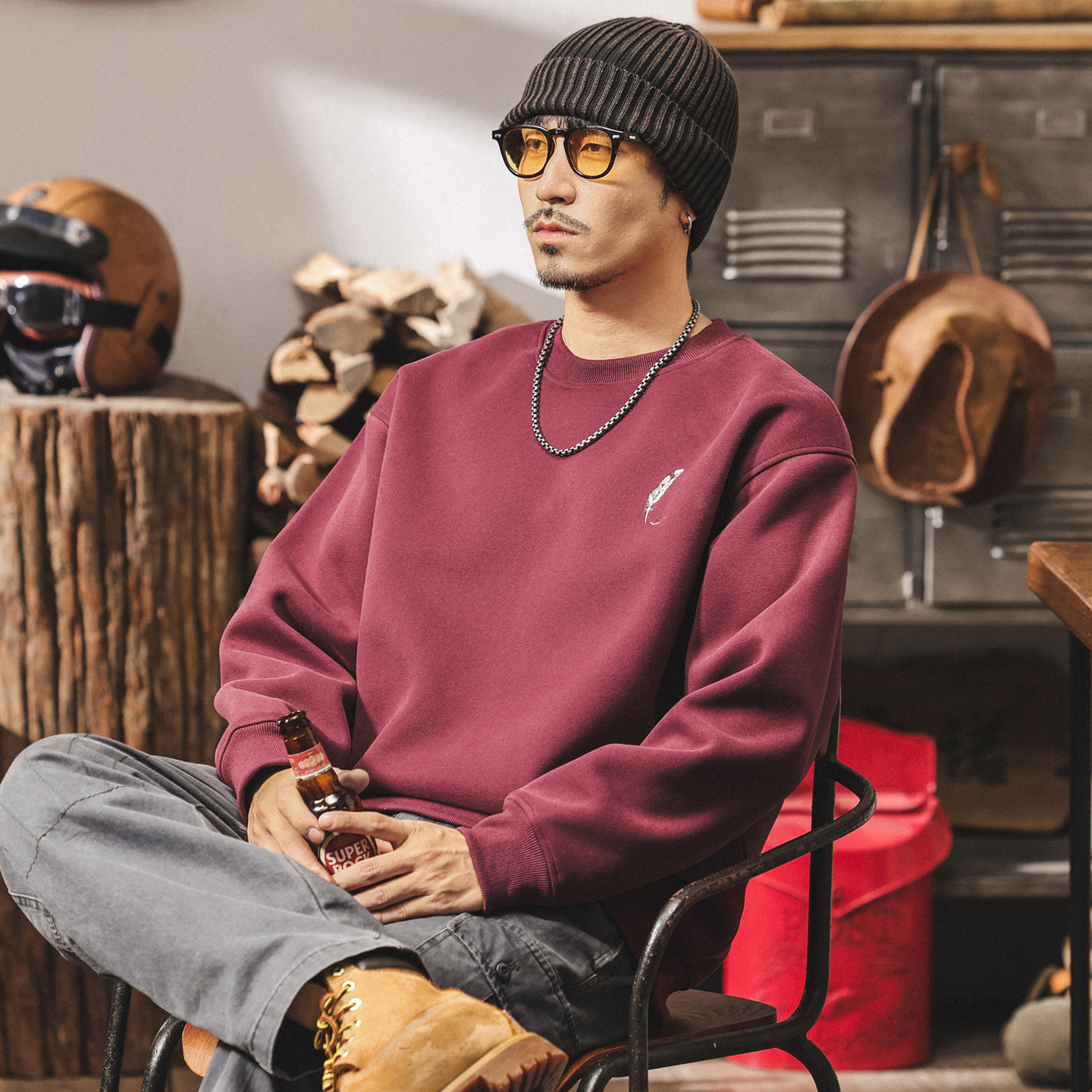 美式復古紅色衛衣男秋季2025新款寬鬆大碼潮流420g重磅男士上衣潮