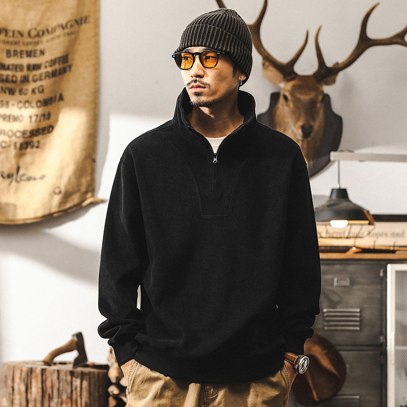 美式復古雪尼爾360g重磅半高領衛衣男冬季加厚條絨寬鬆大碼外套男