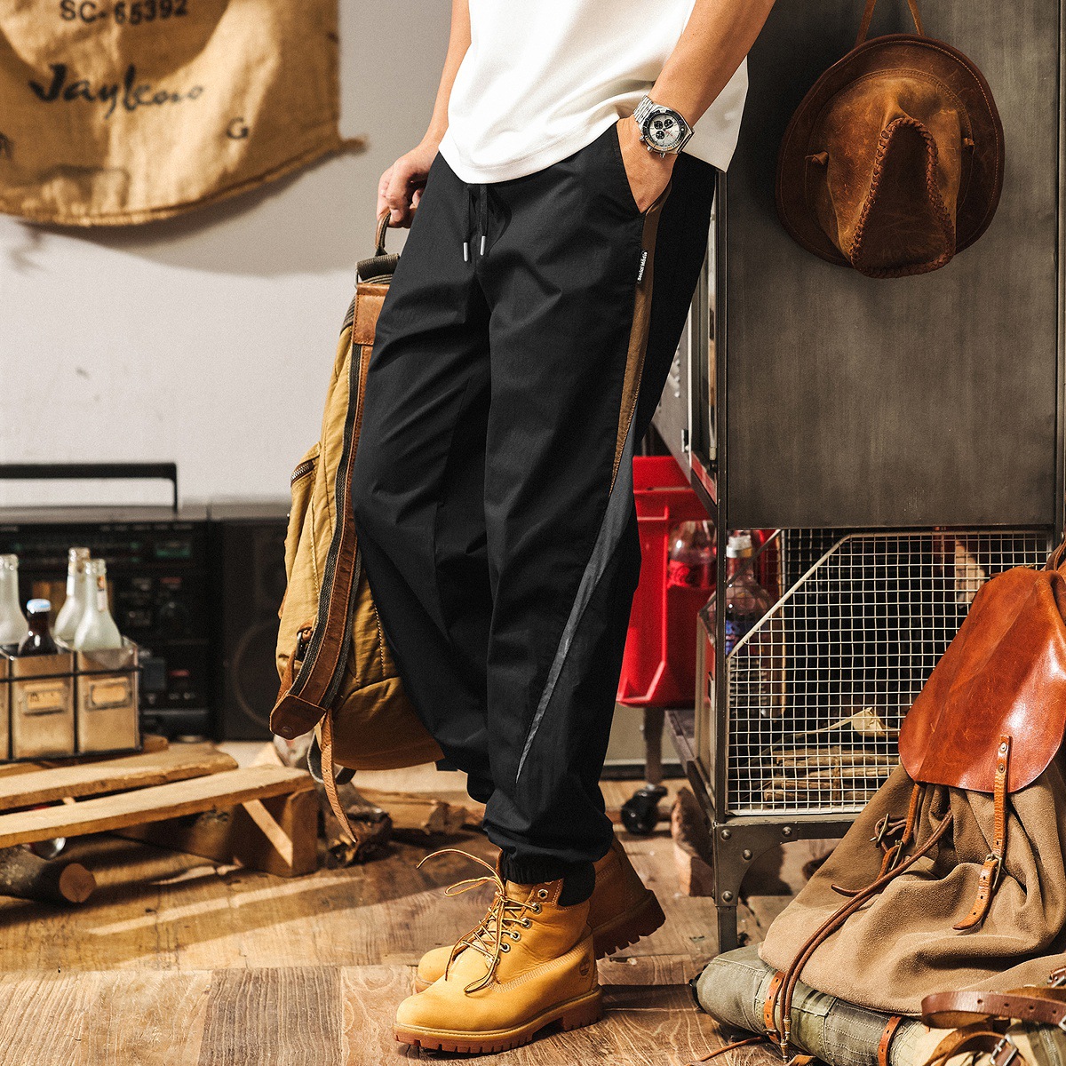 冰絲薄款褲子男夏季寬鬆大碼卡其色束腳男士休閒褲美式復古工裝褲