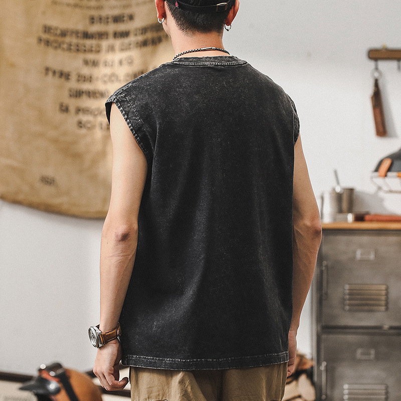 美式做舊水洗背心男款潮流夏季運動無袖男T恤健身寬鬆坎肩上衣潮
