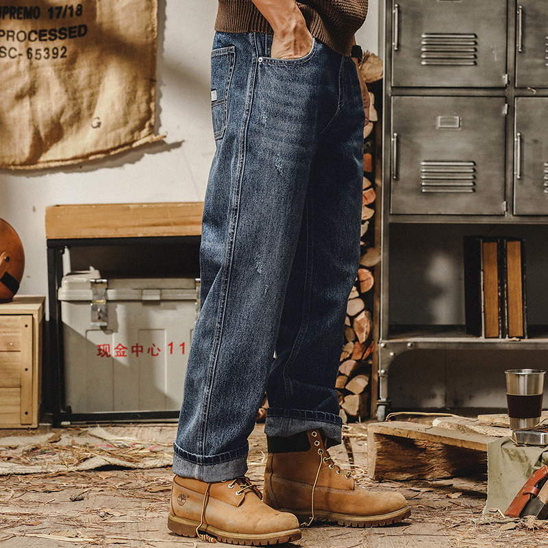 美式重磅復古牛仔褲男款寬鬆潮牌2023秋冬款水洗做舊休閒直筒長褲