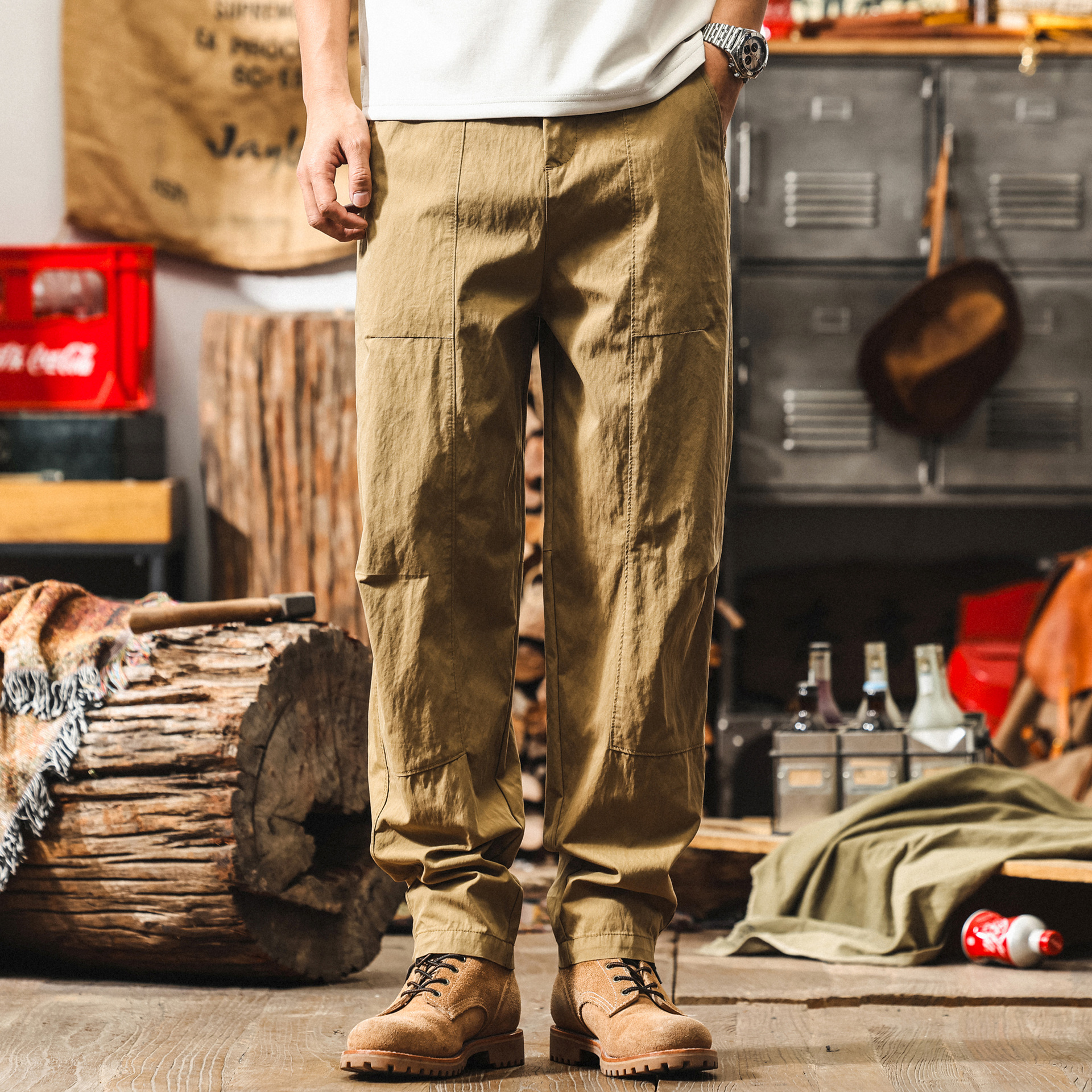 美式復古卡其色薄款工裝褲子男夏季寬鬆闊腿褲潮牌直筒男士休閒褲