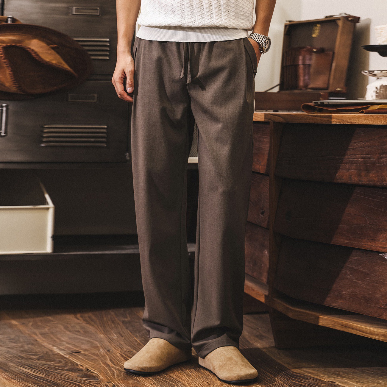 萊賽爾柔墜感休閒褲子男款2026春季新款通勤老錢風寬鬆復古直筒褲