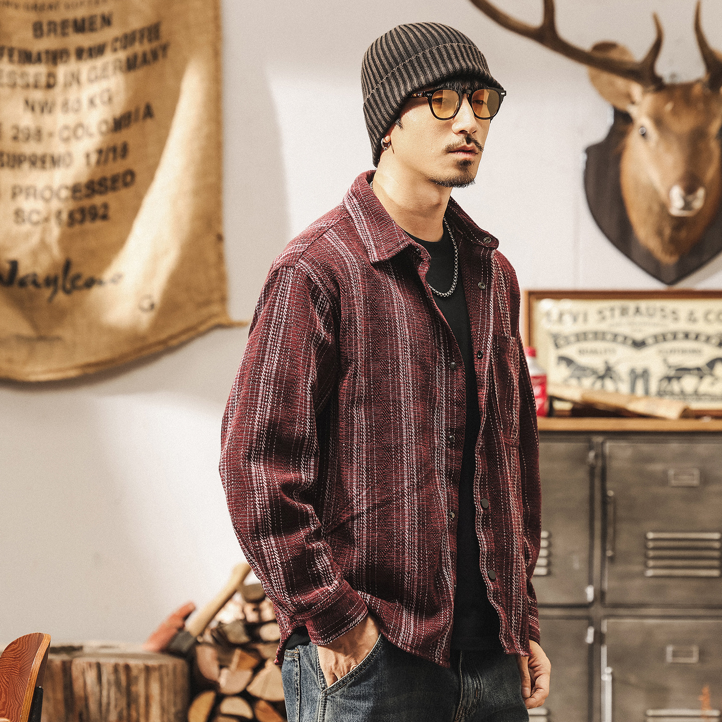 美式復古雪尼爾條紋提花襯衫男春秋新款古着長袖襯衣寬鬆休閒外套