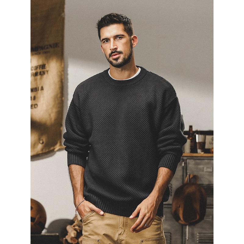 美式經典圓領毛衣男秋冬款2023新款日系復古菠蘿針提花加厚針織衫