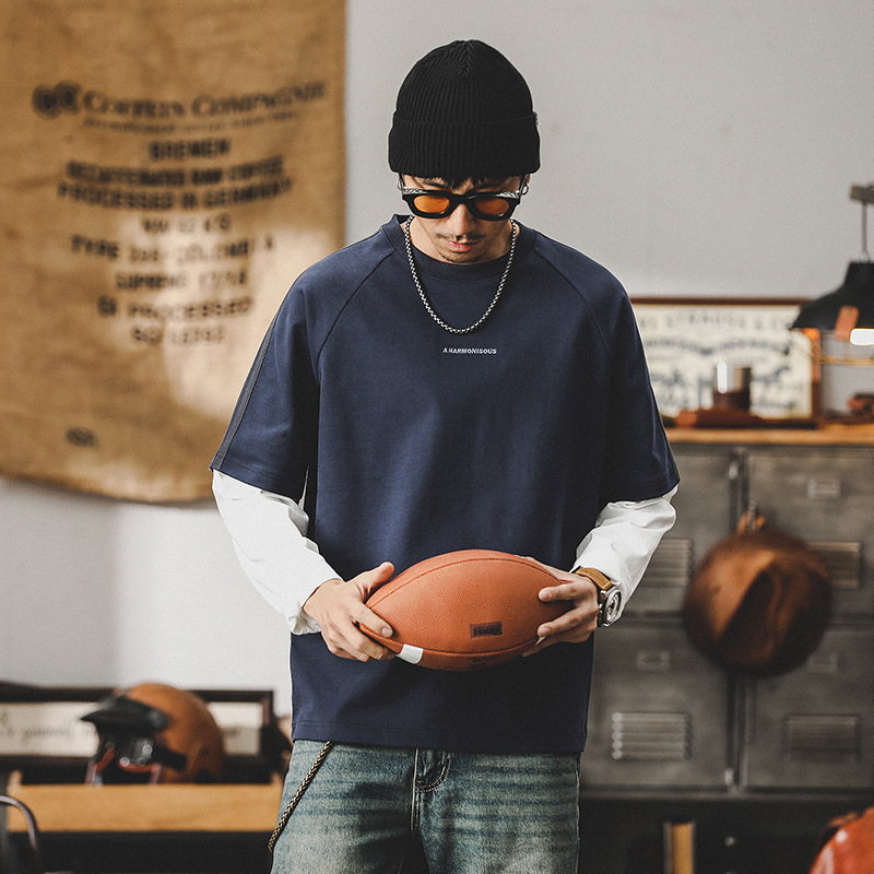 280g重磅T恤男長袖春季潮牌高級感痞帥假兩件設計款衣服男士上衣