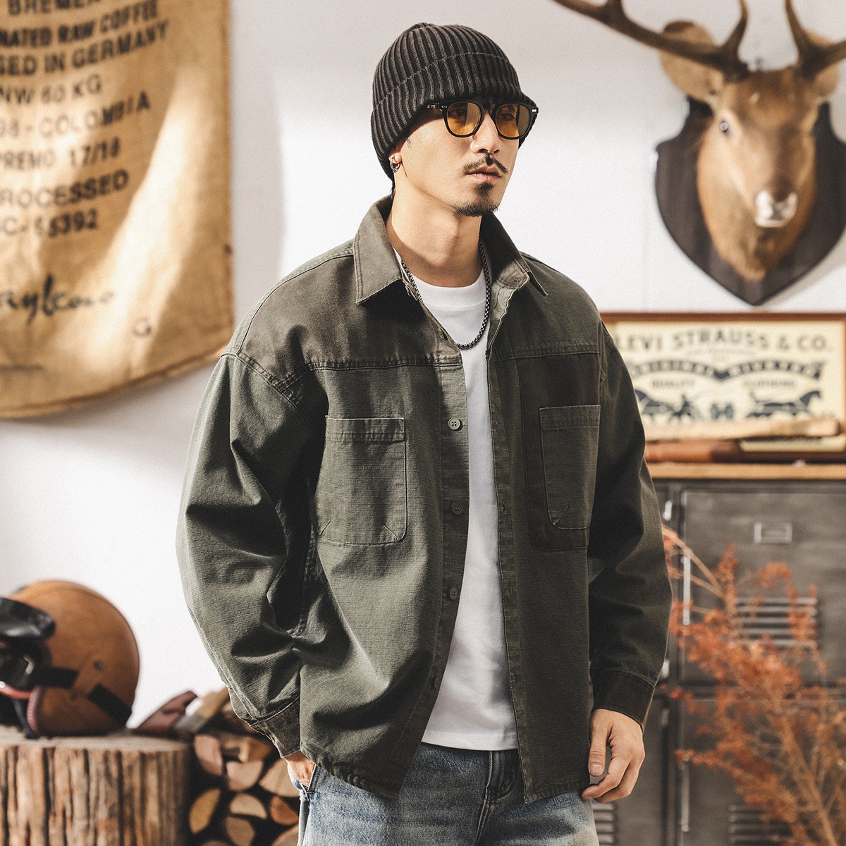美式復古做舊工裝襯衫外套男春秋2025新款潮牌拼接寬鬆長袖襯衣男