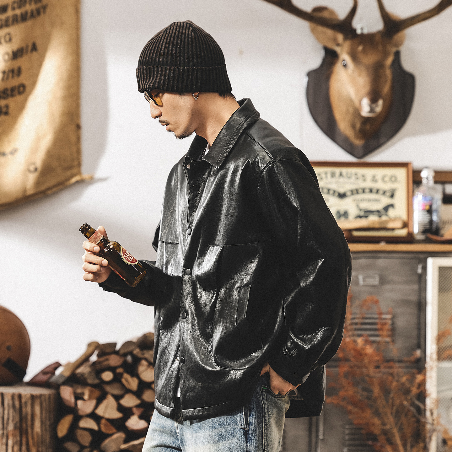 美式復古軟皮衣外套男春秋款寬鬆機車服潮流高級感襯衫型皮夾克男