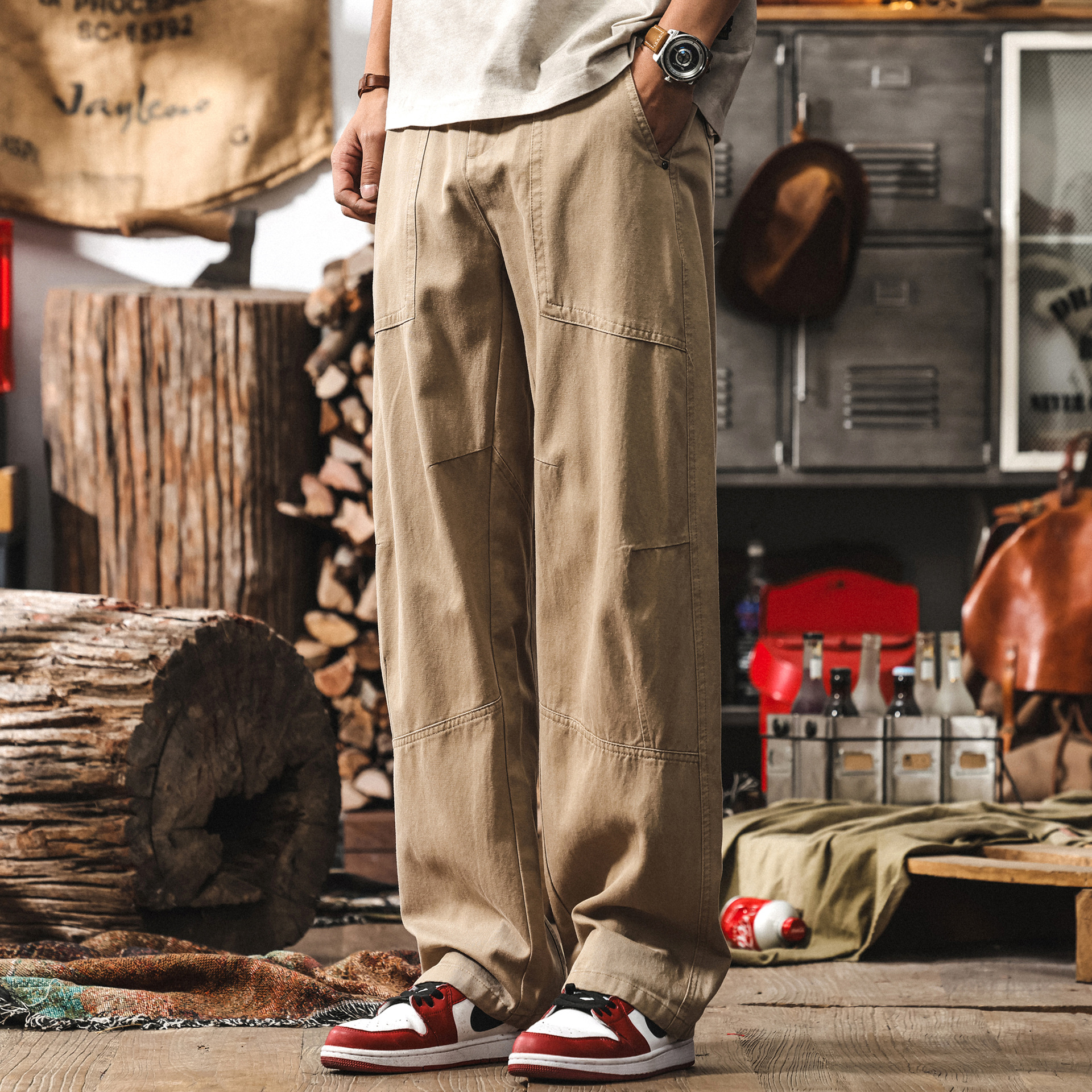 美式復古垂感萊賽爾卡其色褲子男夏季薄款休閒褲男寬鬆直筒工裝褲