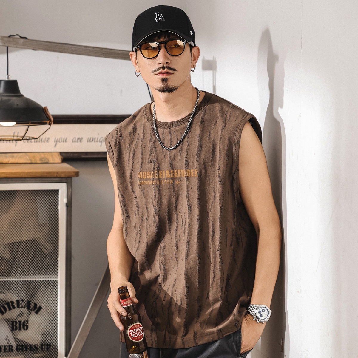 鉤花戰損潮流坎肩男士背心2025新款夏季薄款寬鬆大碼男生美式t恤