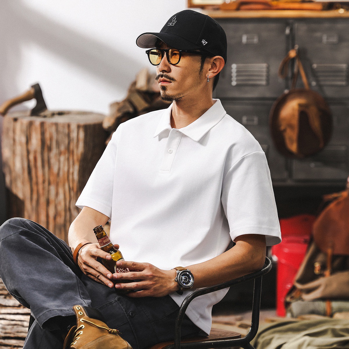 美式潮牌純色POLO衫男夏季短袖2025新款百搭簡約T恤寬鬆男士上衣