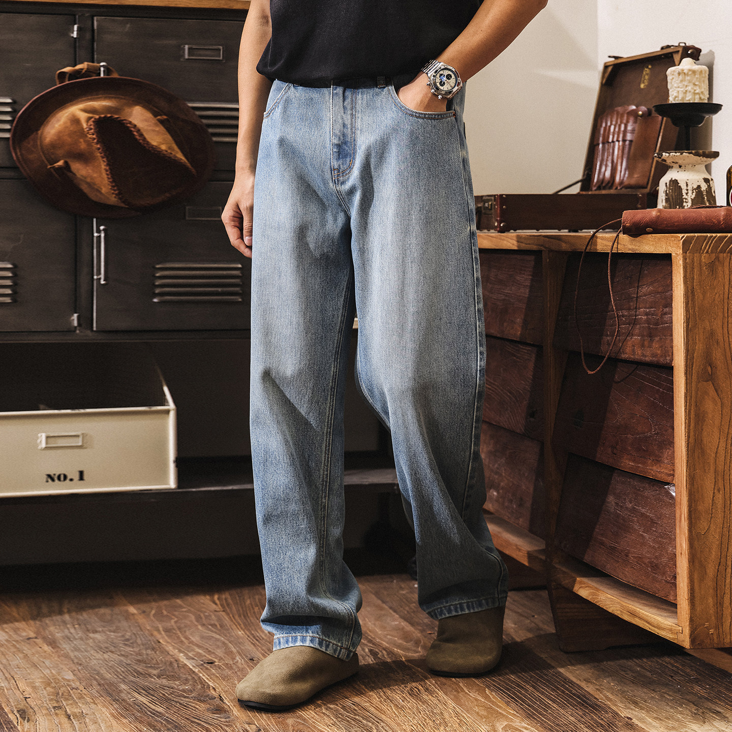 美式復古萊賽爾直筒牛仔褲男春季潮牌闊腿褲子男寬鬆垂墜感休閒褲