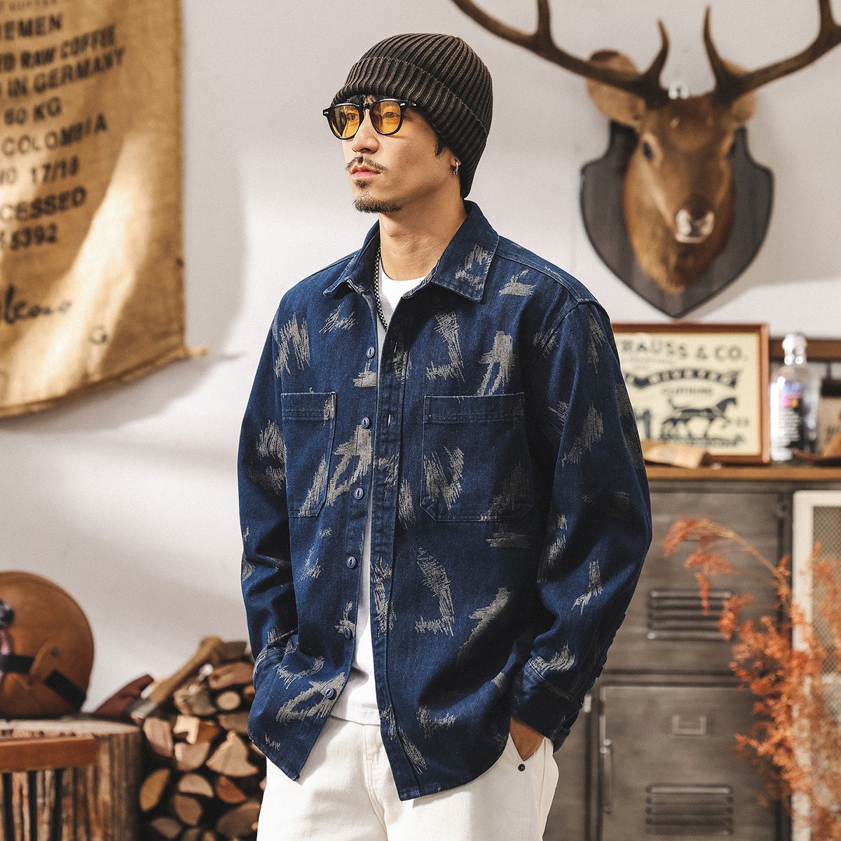 美式復古色織牛仔外套男春季新款提花潮牌襯衣寬鬆春秋長袖襯衫男