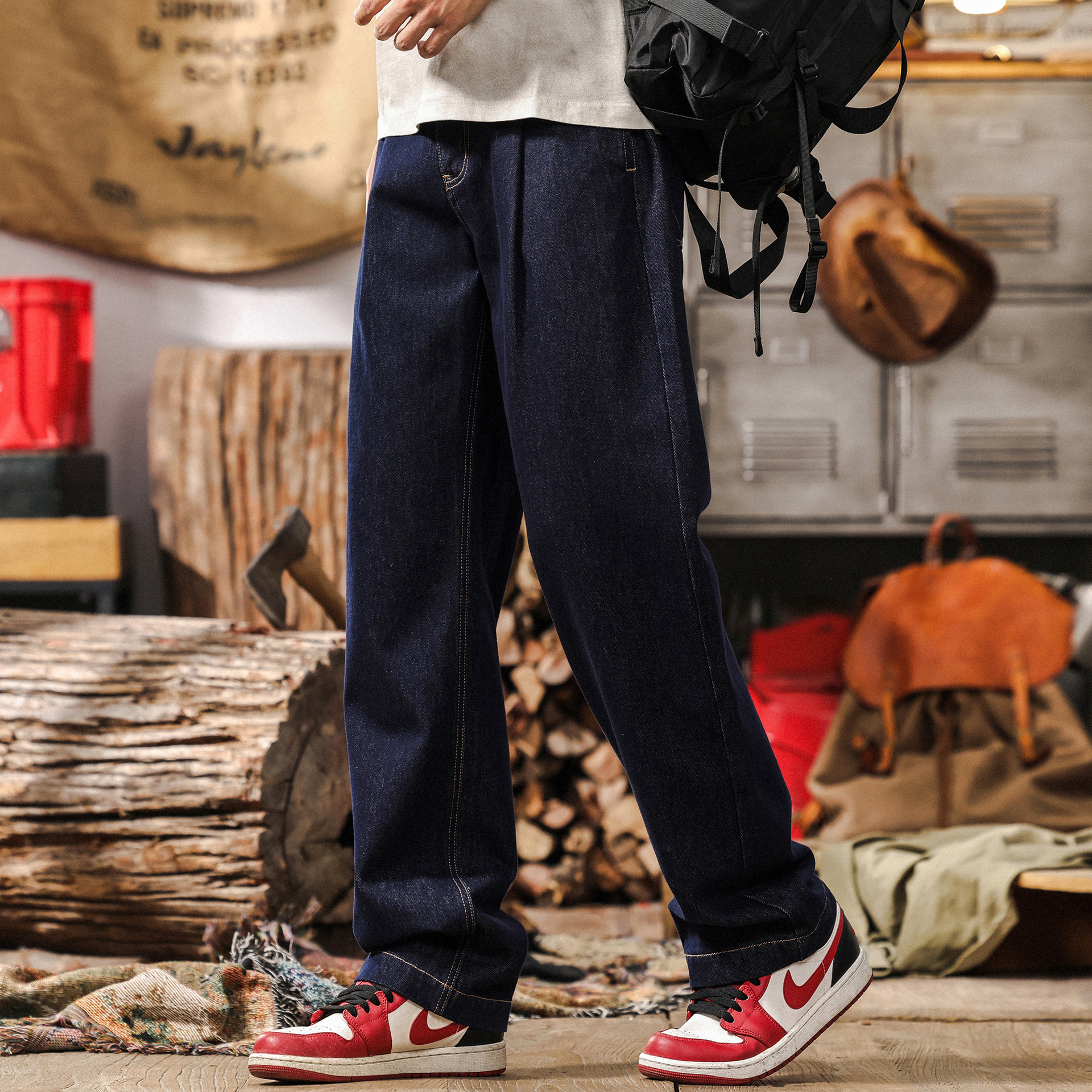 活性染不掉色原色水洗牛仔褲男春季美式復古潮牌寬鬆直筒休閒長褲