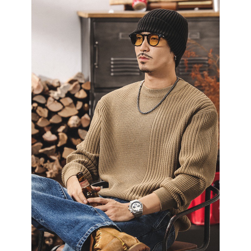 美式復古重磅圓領毛衣男春秋2025新款毛線衣寬鬆保暖針織衫上衣男
