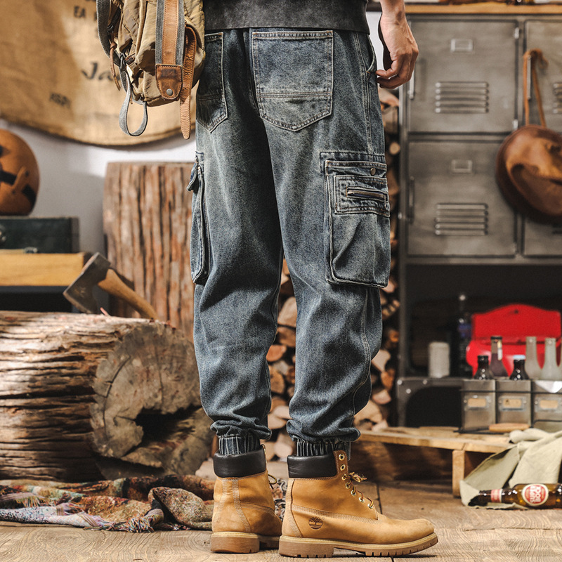 美式復古直筒牛仔褲男秋季潮牌水洗工裝褲男士秋冬褲子束腳休閒褲
