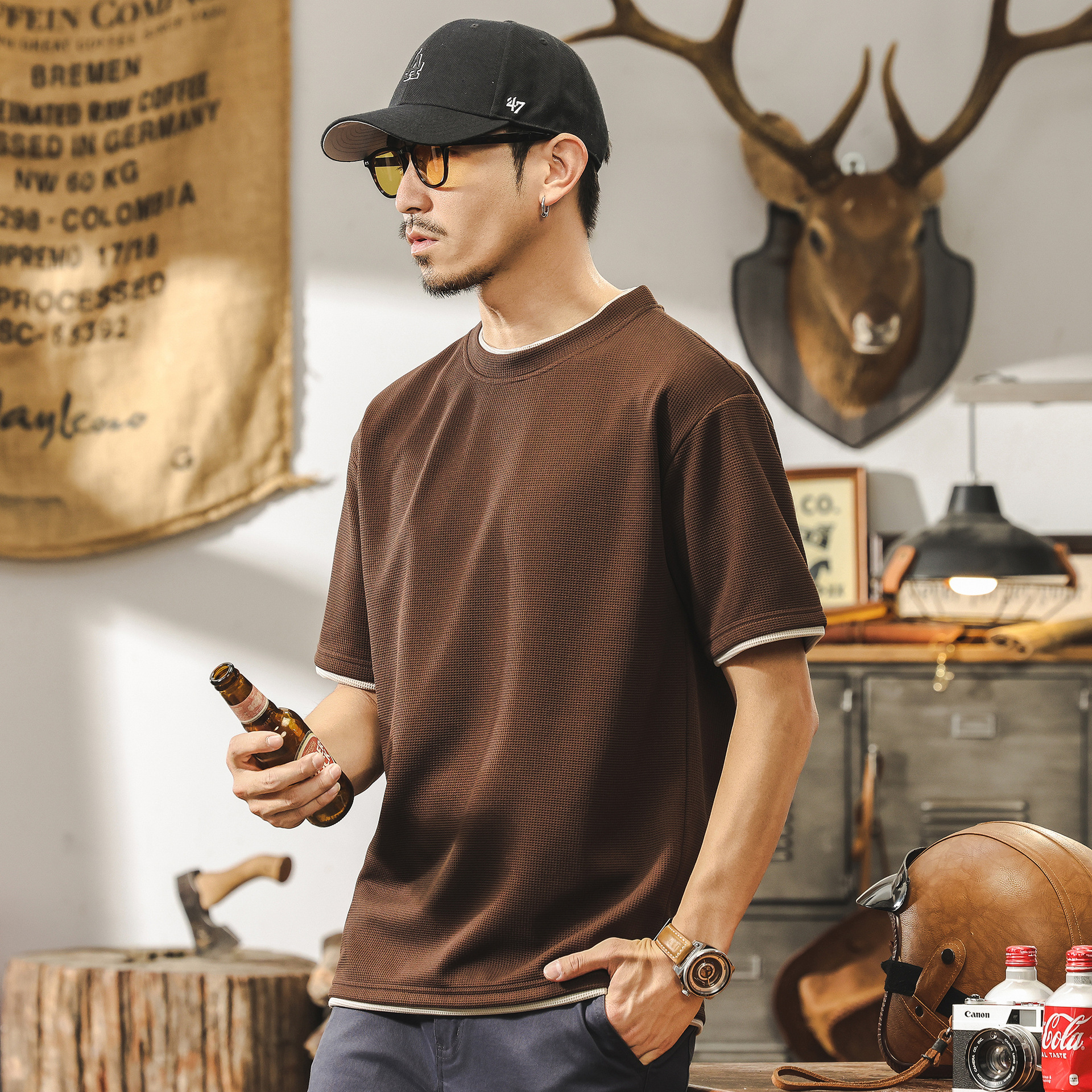 美式復古假兩件短袖T恤男夏季2025新款潮流華夫格寬鬆上衣體恤男