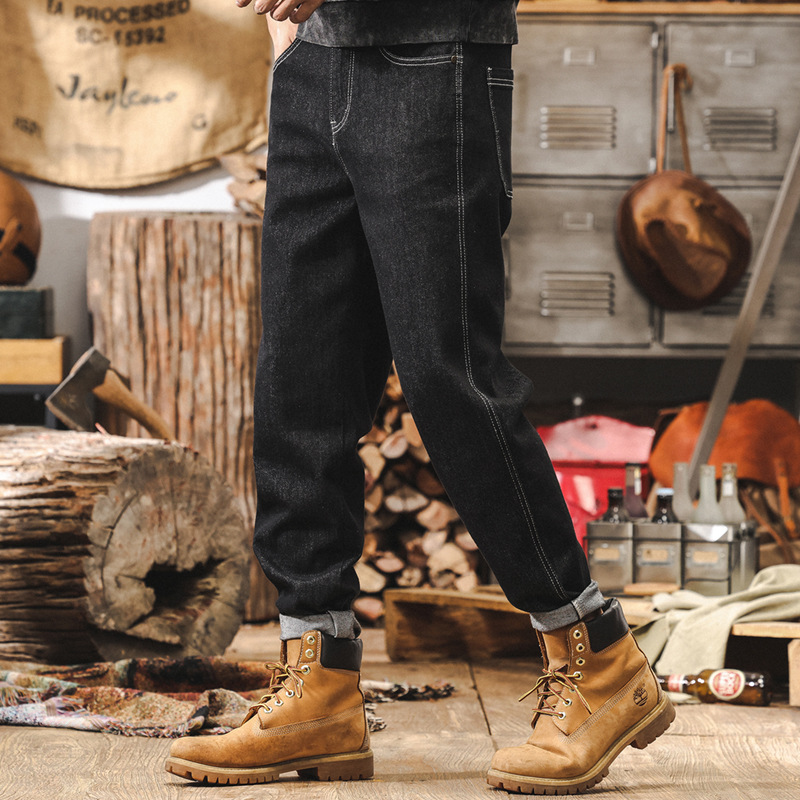 活性染不掉色加絨牛仔褲男美式復古水洗潮牌褲子男秋冬款直筒長褲