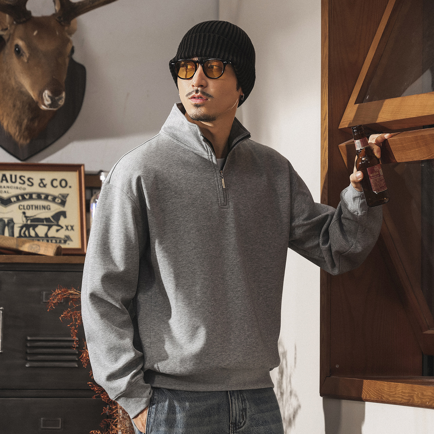 美式復古立領重磅衛衣男新款秋季男士上衣春秋寬鬆休閒半拉鍊外套