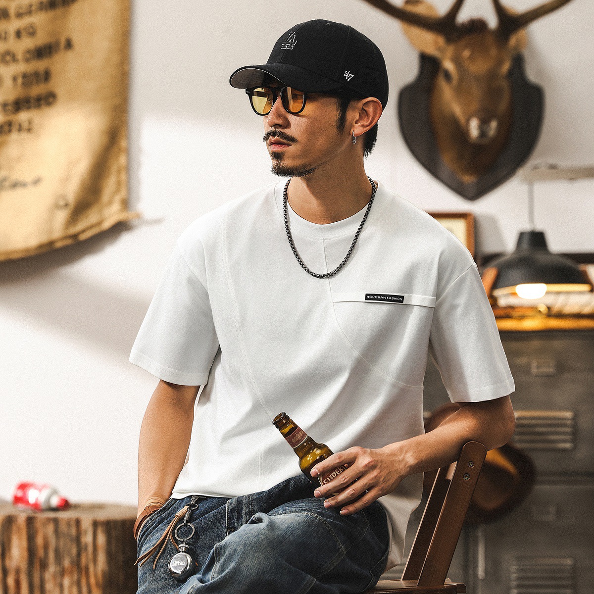 美式復古拼接涼感T恤短袖男款2025夏季新款寬鬆大碼休閒男士上衣T