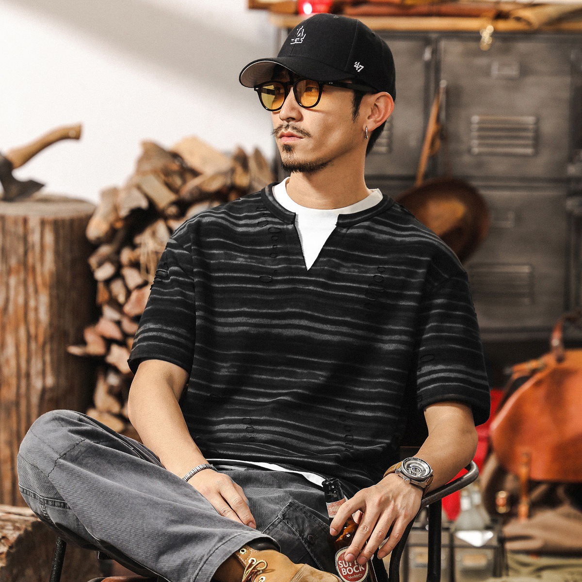 假兩件漸變黑色條紋T恤男短袖夏季2025新款美式復古寬鬆男士上衣