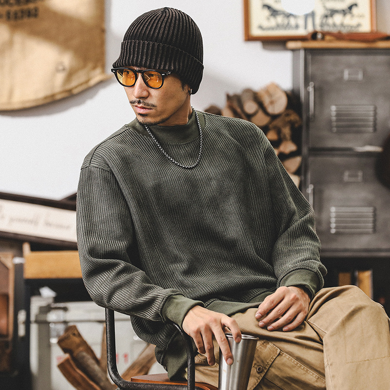 美式重磅針織肌理感衛衣男秋季寬松潮牌複古暈染圓領休閑上衣男款