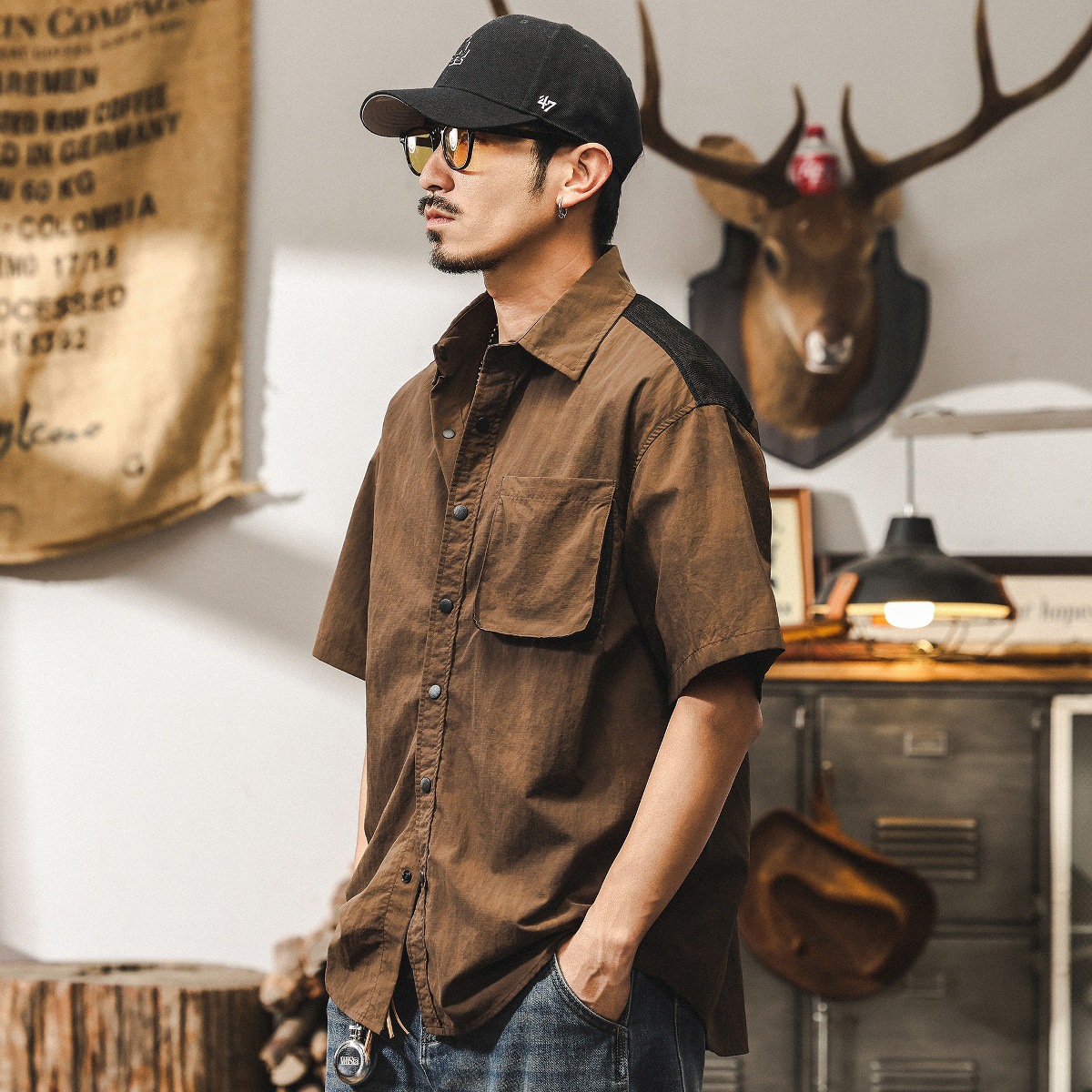 美式復古咖色短袖襯衫男夏季2025新款潮流戶外獵裝寬鬆工裝襯衣男