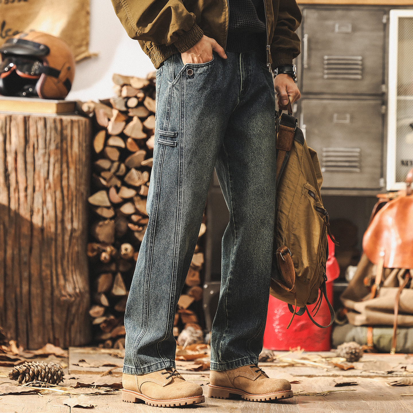 美式復古秋季牛仔褲男士新款做舊水洗工裝褲子直筒寬鬆大碼休閒褲