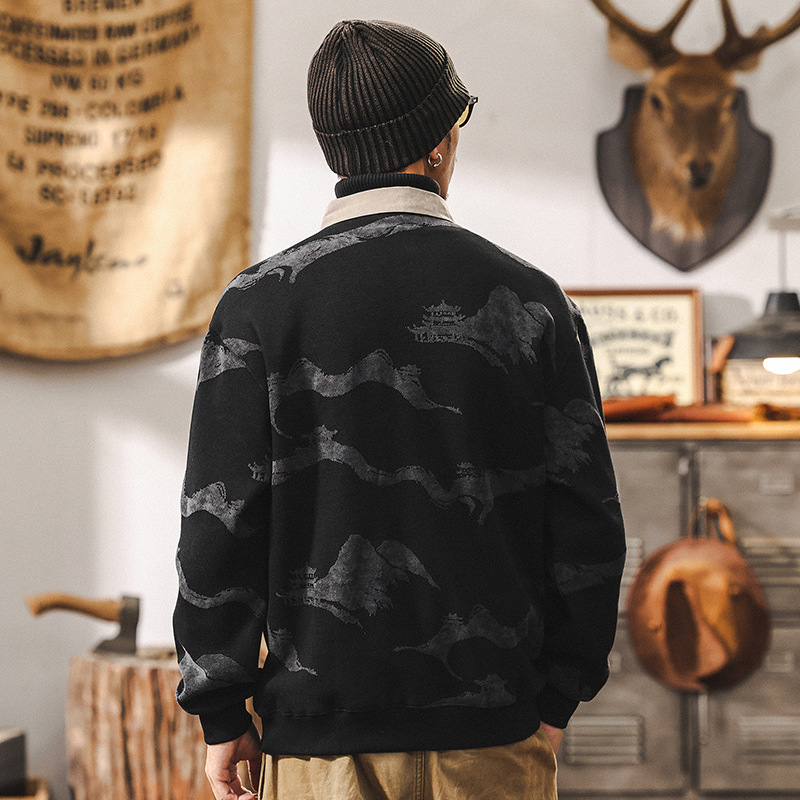 美式重磅復古假兩件衛衣男長袖春秋2025新款提花仿毛織襯衫領男裝