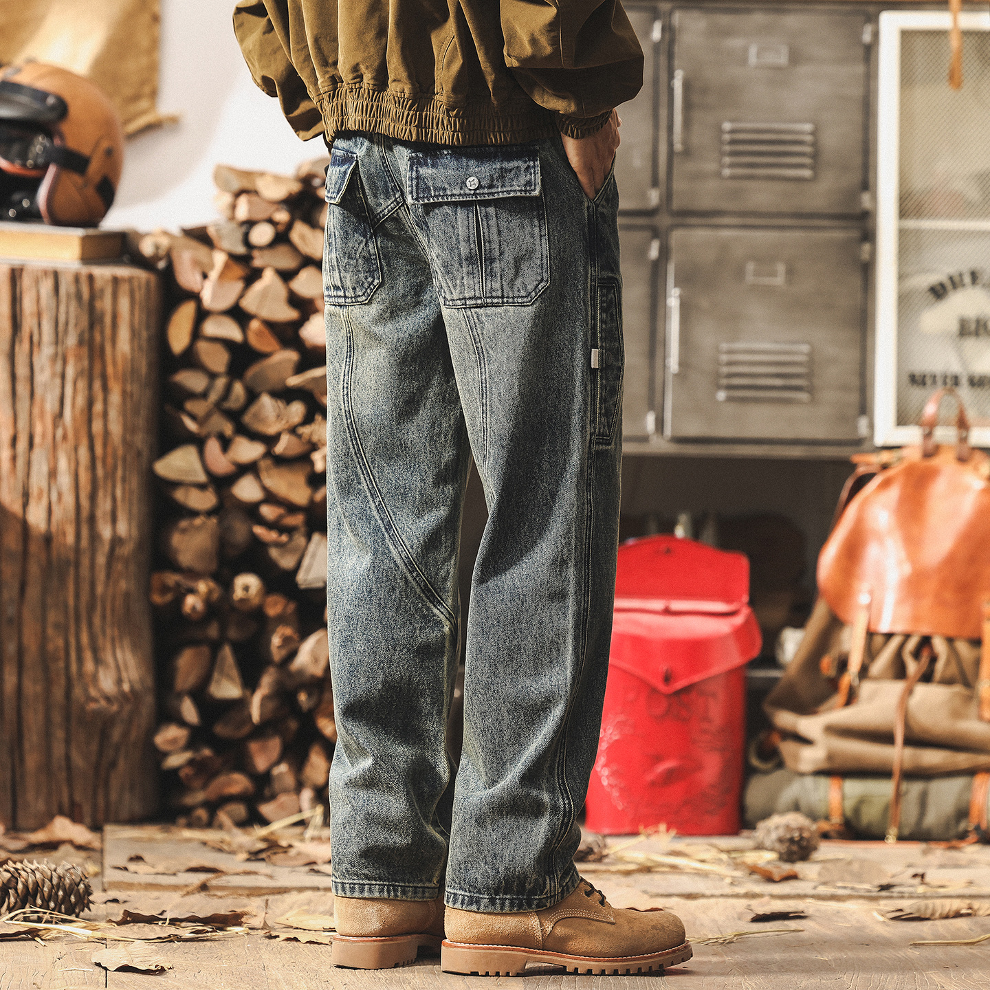 美式高街水洗牛仔褲男秋季新款寬鬆痞帥工裝褲子男潮牌直筒休閒褲
