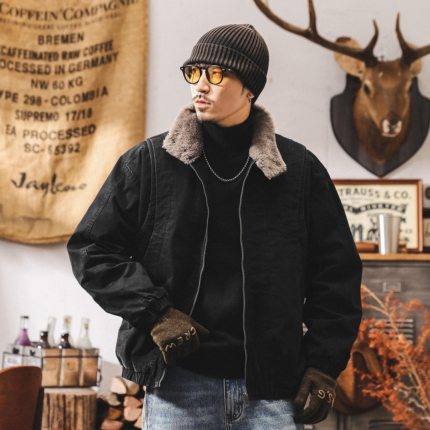 美式復古重磅做舊工裝棉服男加厚冬季保暖座山雕毛領棉襖加絨外套