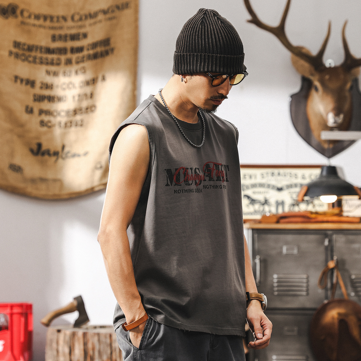 美式復古重磅T恤男2025新款夏季運動健身寬鬆無袖坎肩背心男