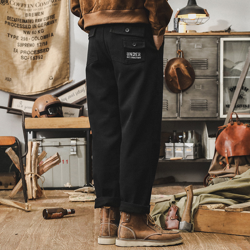美式經典黑色工裝褲子男直筒秋季潮牌重磅寬松多口袋男士休閑長褲