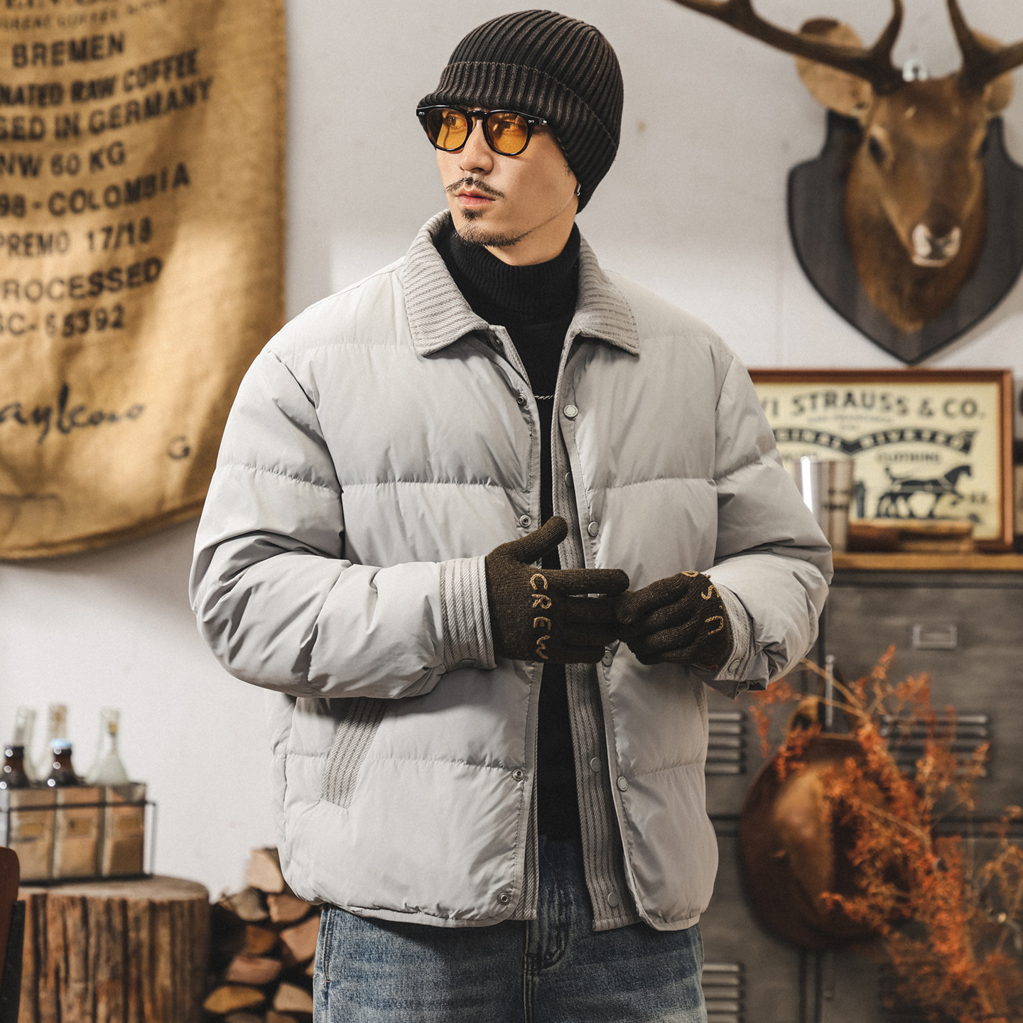 美式復古假兩件90純白鴨絨蓬鬆羽絨服男冬季加厚保暖麪包服外套男