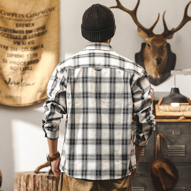 美系復古重磅工裝格子襯衫男秋季新款潮牌痞帥破洞戰損襯衣外套男