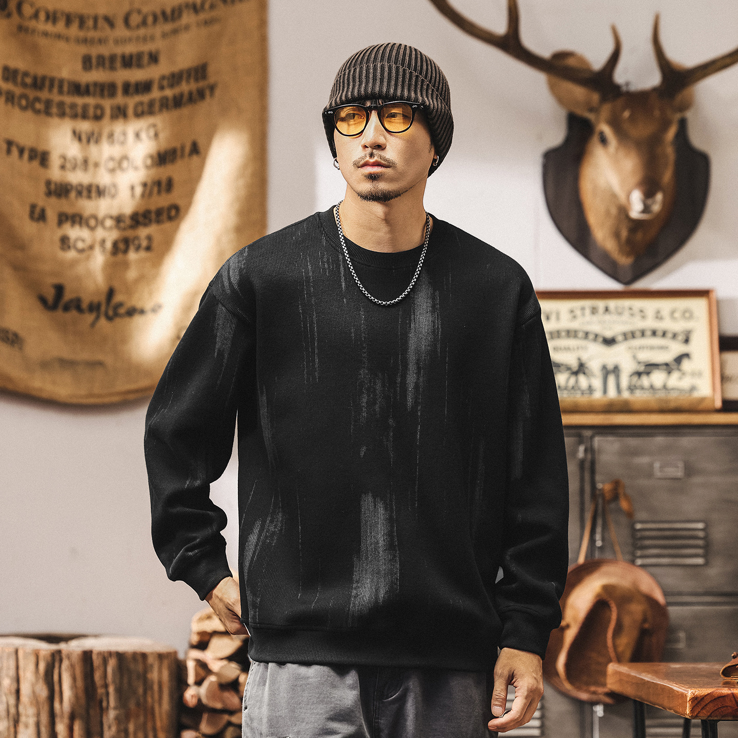 美式復古500g重磅衛衣男春秋潮牌流蘇肌理寬鬆新款秋冬長袖上衣男