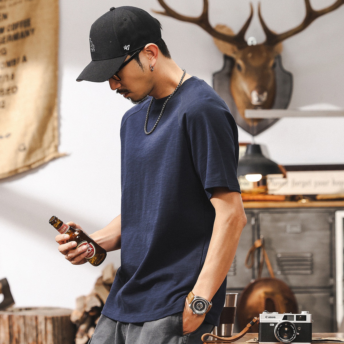 美式復古21支高密竹節T恤男夏季短袖潮牌寬鬆男士插肩袖上衣